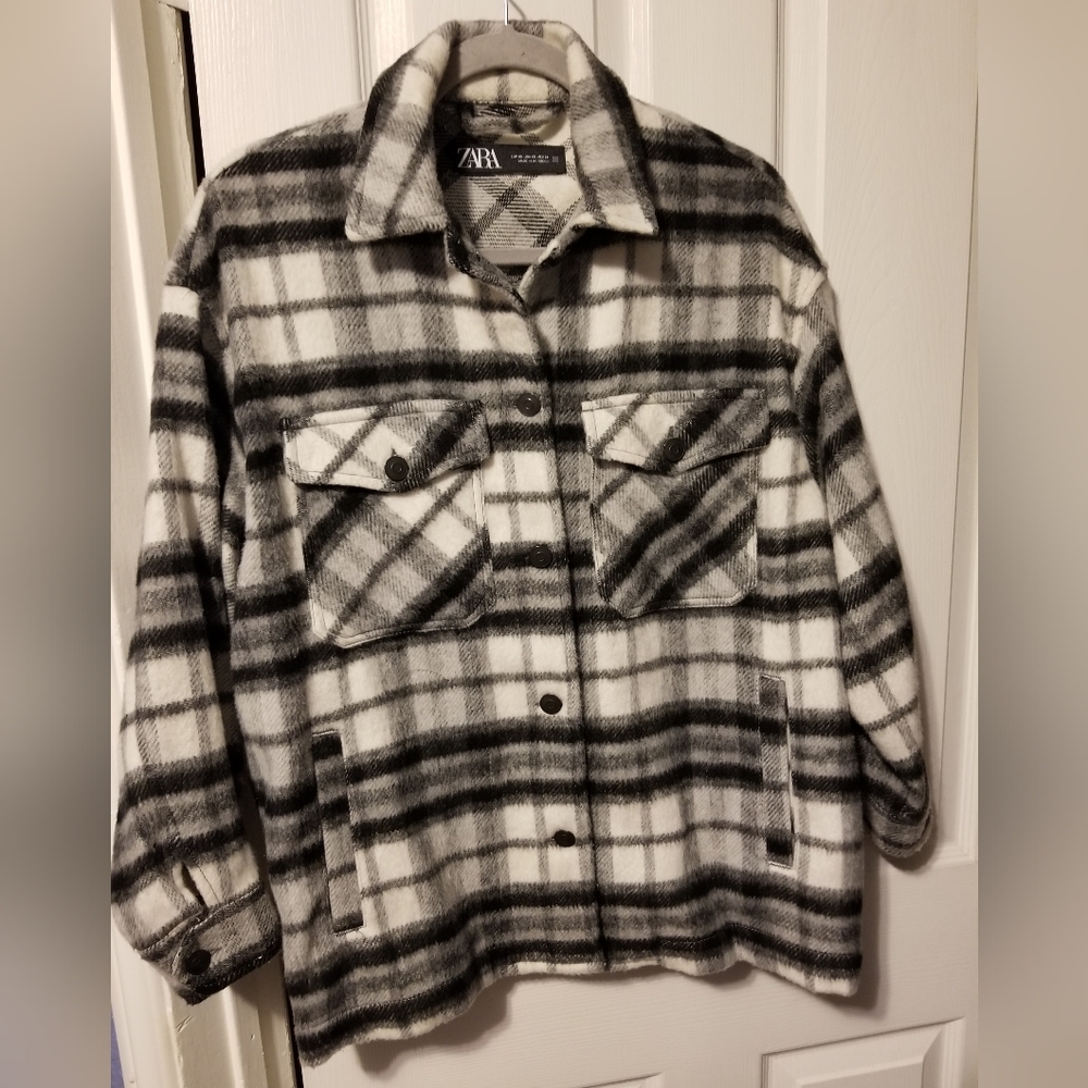 Zara Wool Blend Plaid Overshirt White/Black Size XS - Picture 3 of 13